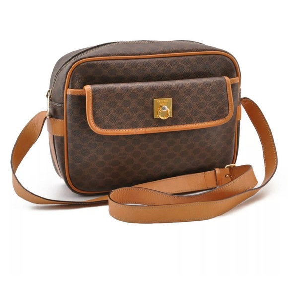 Celine Handbags - Celine Macadam Brown Monogram Messenger Bag with Tan Trim